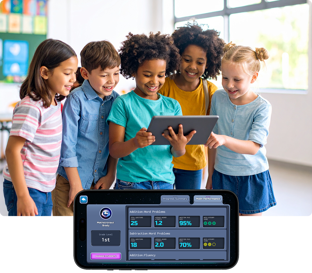 Children using Mathstroverse app on tablet in classroom