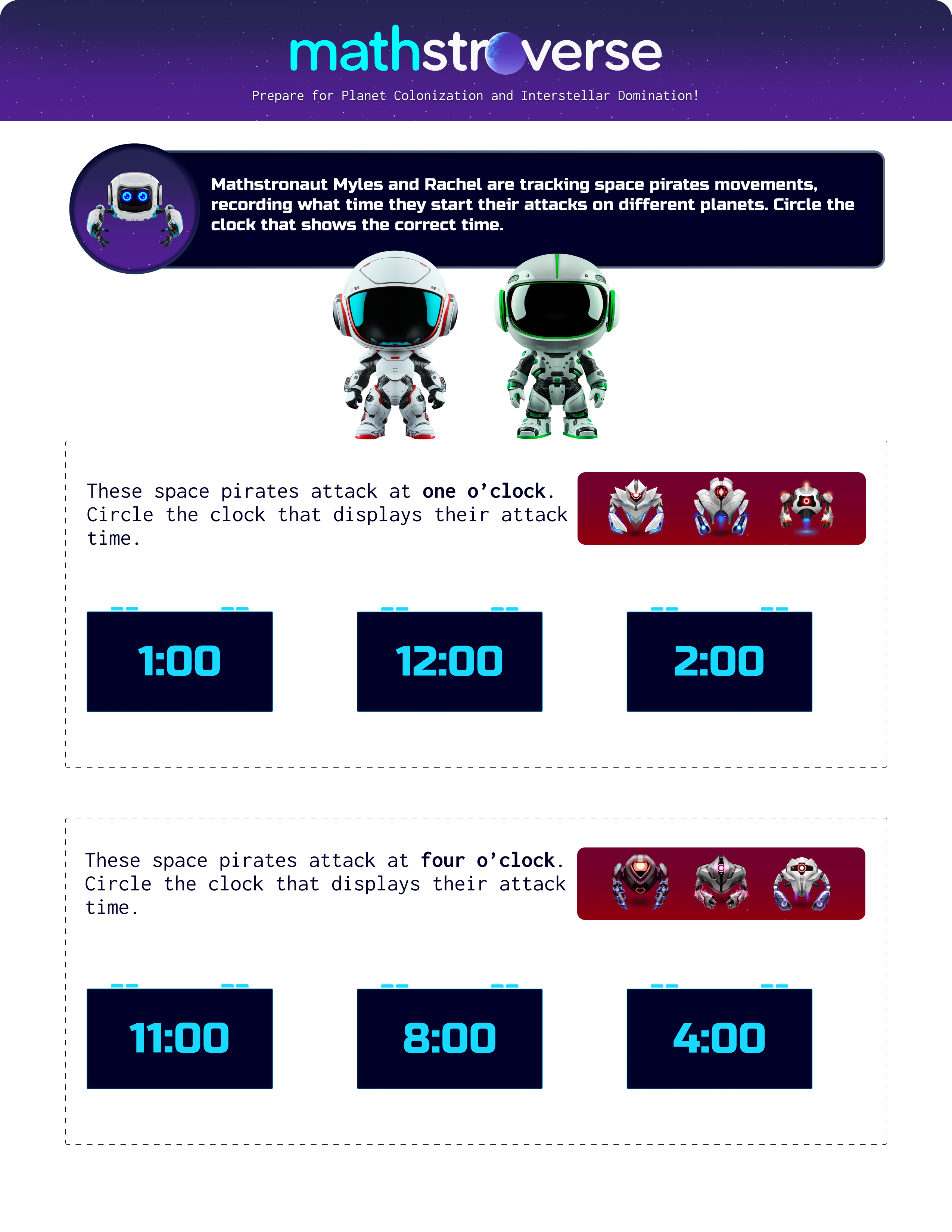 Mathstroverse time-telling worksheet with space pirate story and digital clocks