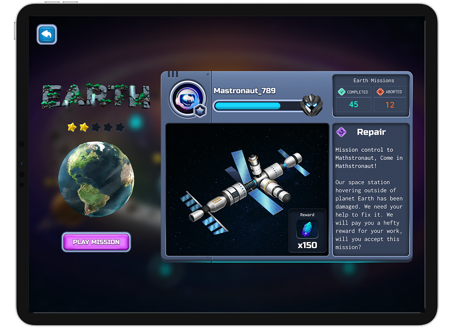 Mathstroverse iPad interface showing mission gameplay