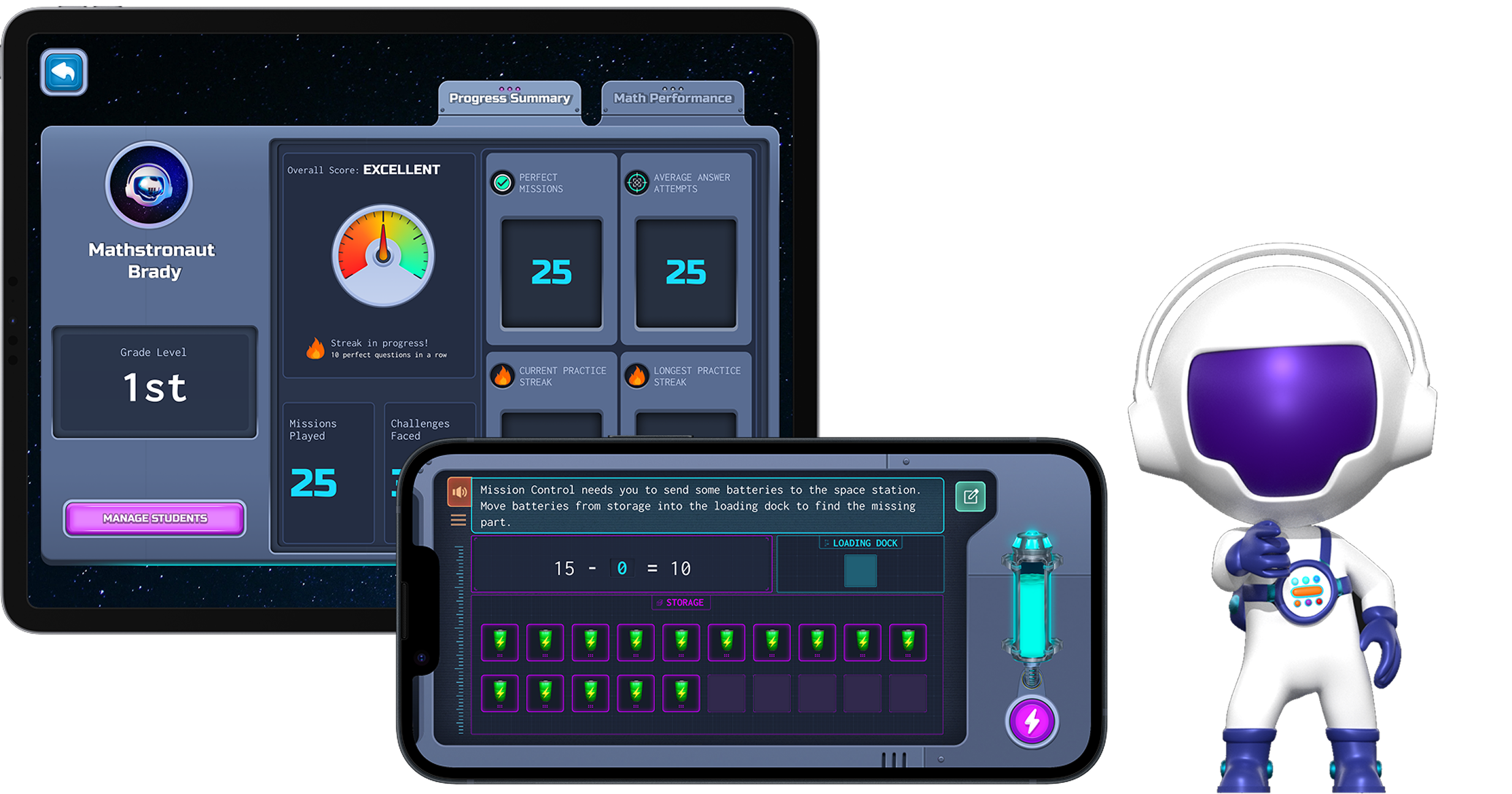 Mathstroverse tablet dashboard, phone challenge interface, and astronaut mascot